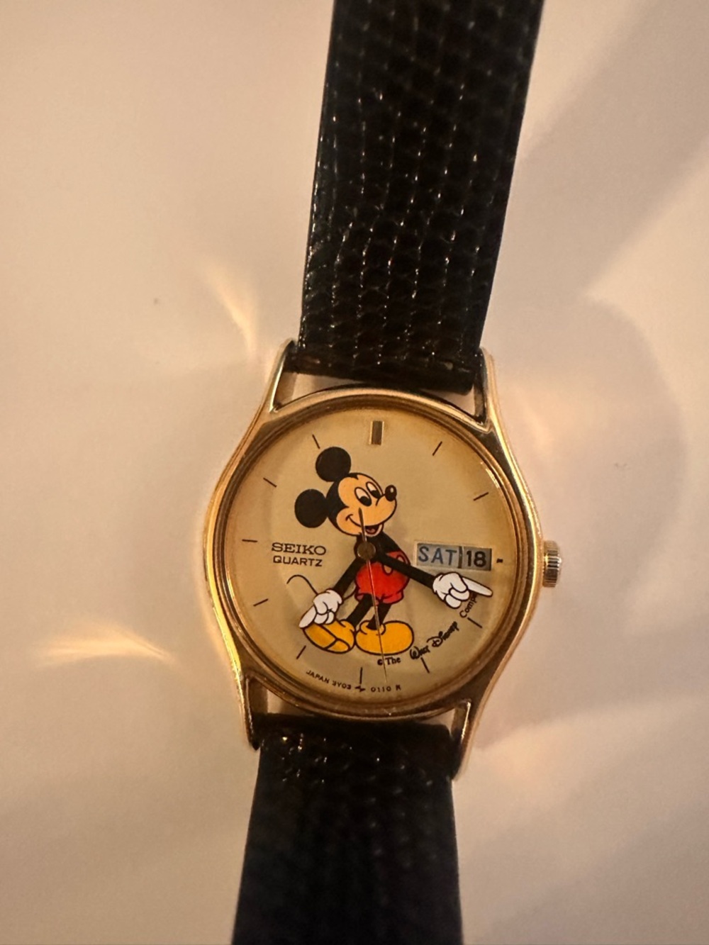 Mickey Mouse Vintage Seiko Gold Tone Watch with Black Strap STILL WORKS!